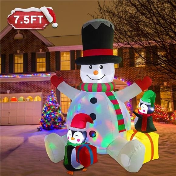 7.5FT Lighted Christmas Inflatables Snowman with Penguins Outdoor Decorations - Picture 5 of 7